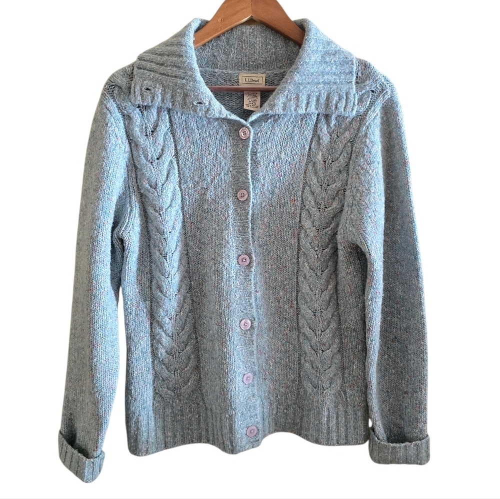 L.L. Bean Blue Confetti Tweed Cable Knit Cardigan Sweater Size M - Picture 3 of 13